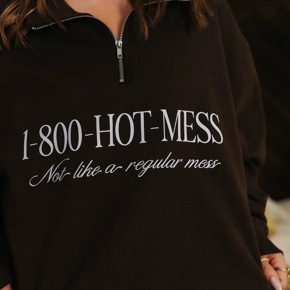 Staykation Tops - Chocolate brown Half-Zip Graphic Pullover Sweatshirt - 1-800-HOT-MESS